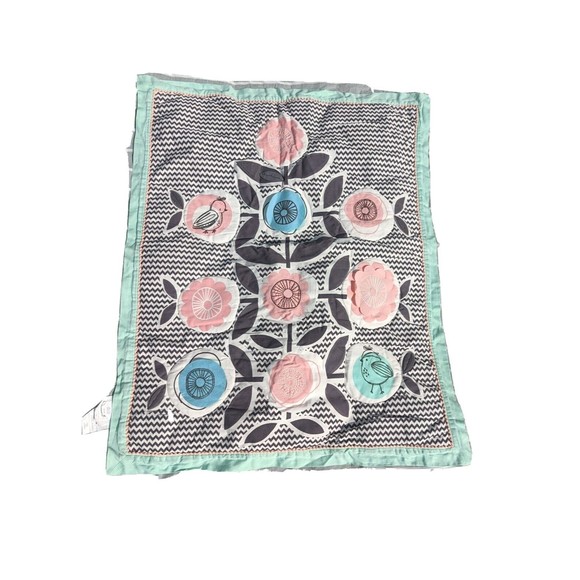 Lolli Flowers Sparrow Baby Crib QuiltComforter Mint Green Zig Zag Gray Pastels